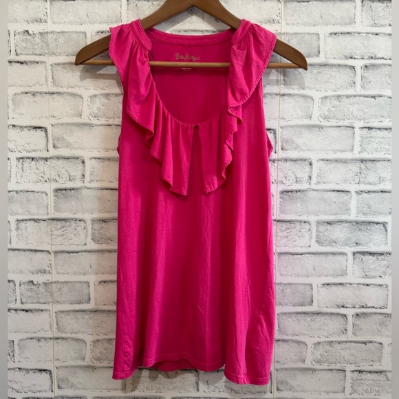 Lilly Pulitzer Tops - Lilly Pulitzer 100% Pima cotton sleeveless hot pink v-neck ruffle top size Small